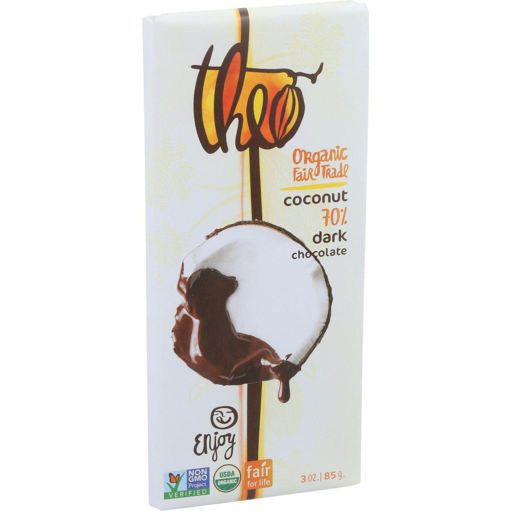 Theo Chocolate Organic Chocolate Bar - Classic - Dark Chocolate - 70 Percent Cacao - Coconut - 3 Oz Bars - Case Of 12