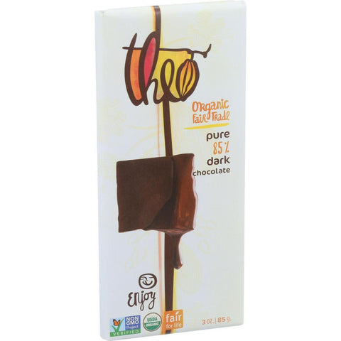 Theo Chocolate Organic Chocolate Bar - Classic - Dark Chocolate - 85 Percent Cacao - Pure - 3 Oz Bars - Case Of 12