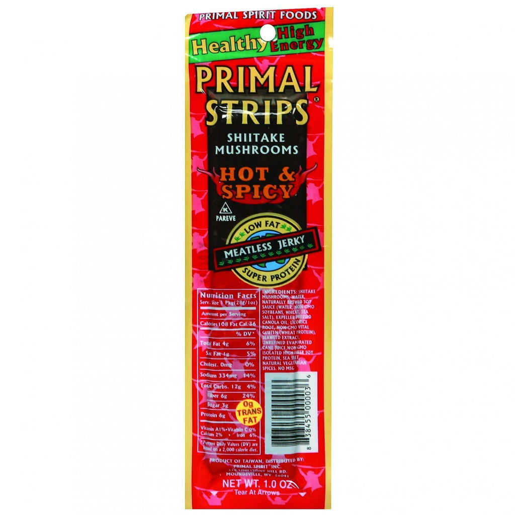 Primal Strips Vegan Jerky - Meatless - Shiitake Mushrooms - Hot And Spicy - 1 Oz - Case Of 24