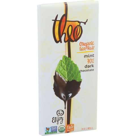 Theo Chocolate Organic Chocolate Bar - Classic - Dark Chocolate - 70 Percent Cacao - Mint - 3 Oz Bars - Case Of 12