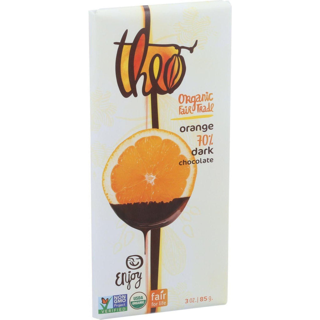 Theo Chocolate Organic Chocolate Bar - Classic - Dark Chocolate - 70 Percent Cacao - Orange - 3 Oz Bars - Case Of 12