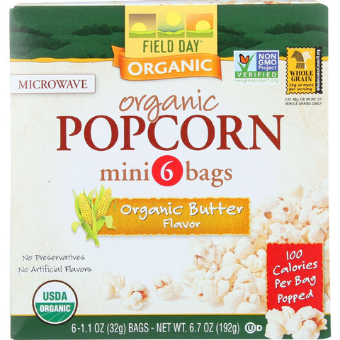 Field Day Microwave Popcorn - Organic - Butter Flavor - 100 Calorie - Mini Pack - 6-1.1 Oz - Case Of 6